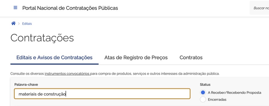 Busca por materiais de construção no PNCP