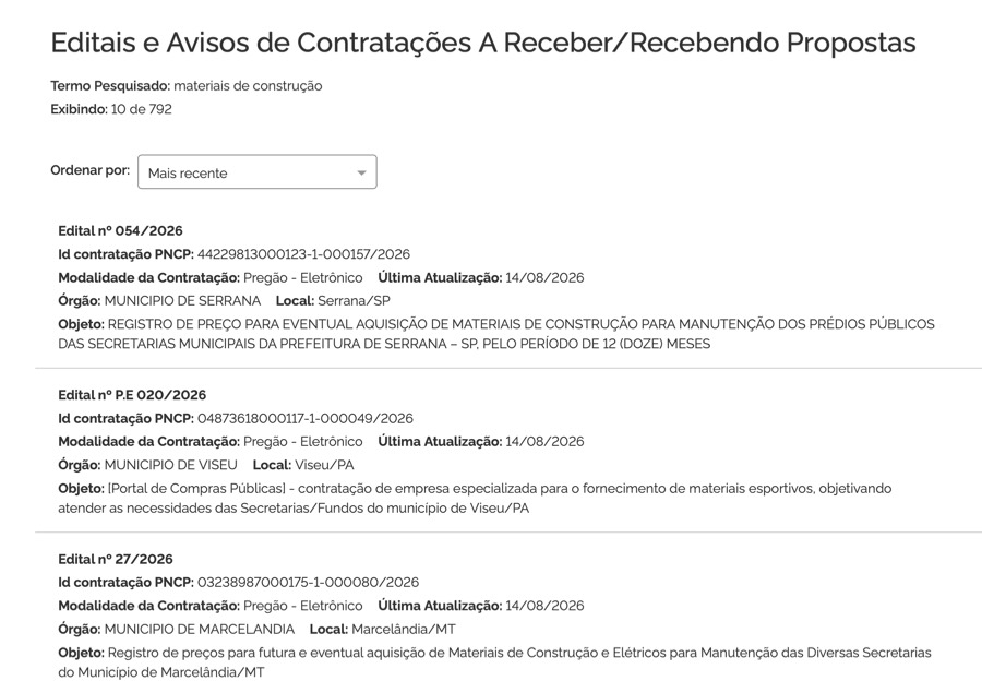 Resultados reais de editais publicados no PNCP